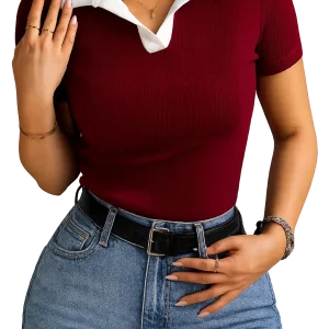 تیشرت یقه‌دار زنانه کبریتی آستین کوتاه